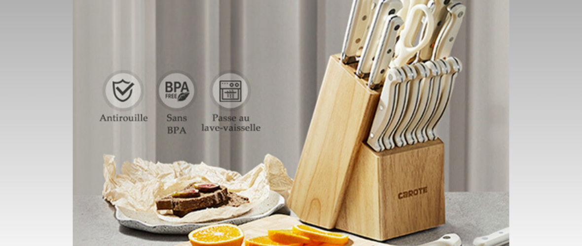 set de 14 couteaux de cuisine en acier inoxydable + support en bois