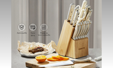 set de 14 couteaux de cuisine en acier inoxydable + support en bois